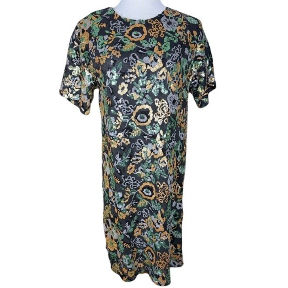 Baltic Born Squires Sequin Short Dress Black Green Multi Floral Mini M‎